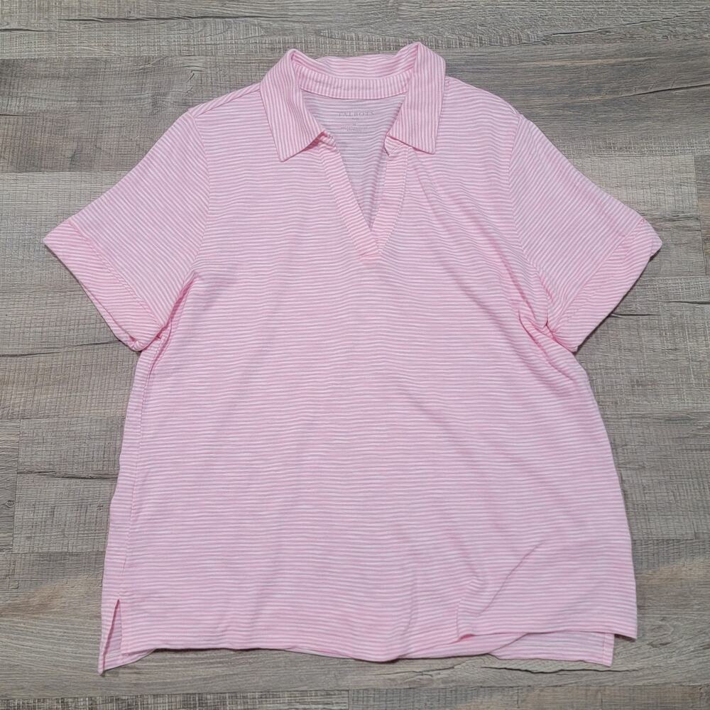 Talbots 1X Striped Short Sleeve Polo V‎ Neck Collared Pink Jersey Cotton Knit